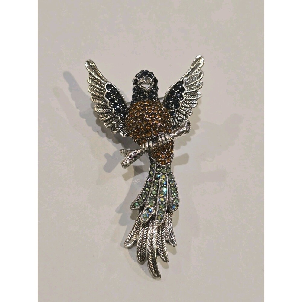 Rhinestone Bird Brooch Pin Perched on Branch Silver Tone Multicolor Crystal...